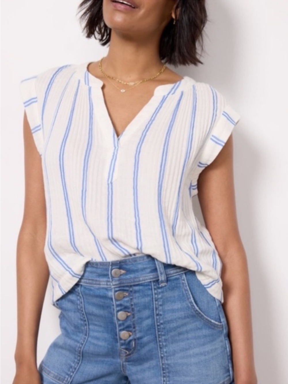 Faherty Dream Cotton Gauze Dylan Top Blue White Striped Sleeveless Euro Coastal